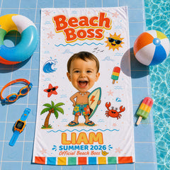 Personalized Beach Towel Kids Custom Face, Toddler Pool Towels, Photo Towel with Name Summer.
