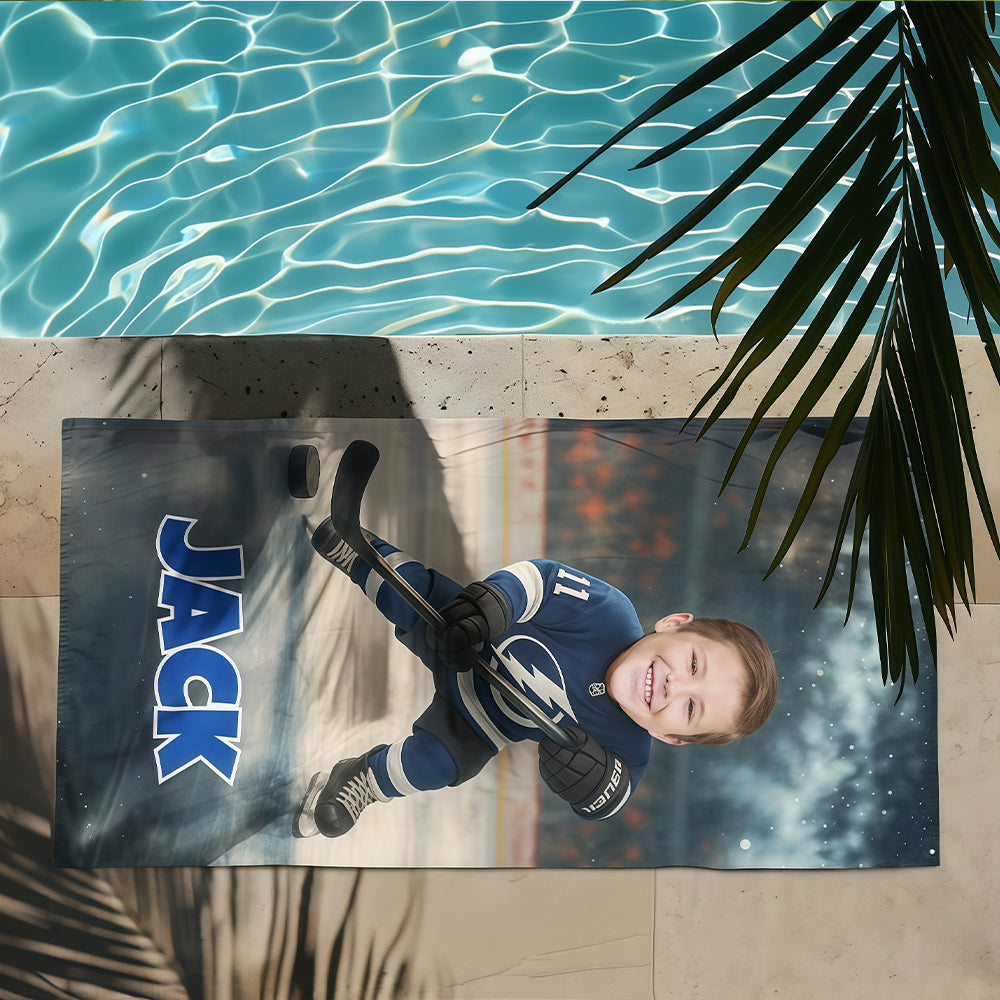 Personalized Hockey Team Beach Towel: Custom Face, Number & Name Pool Towel, Game Day Gift.