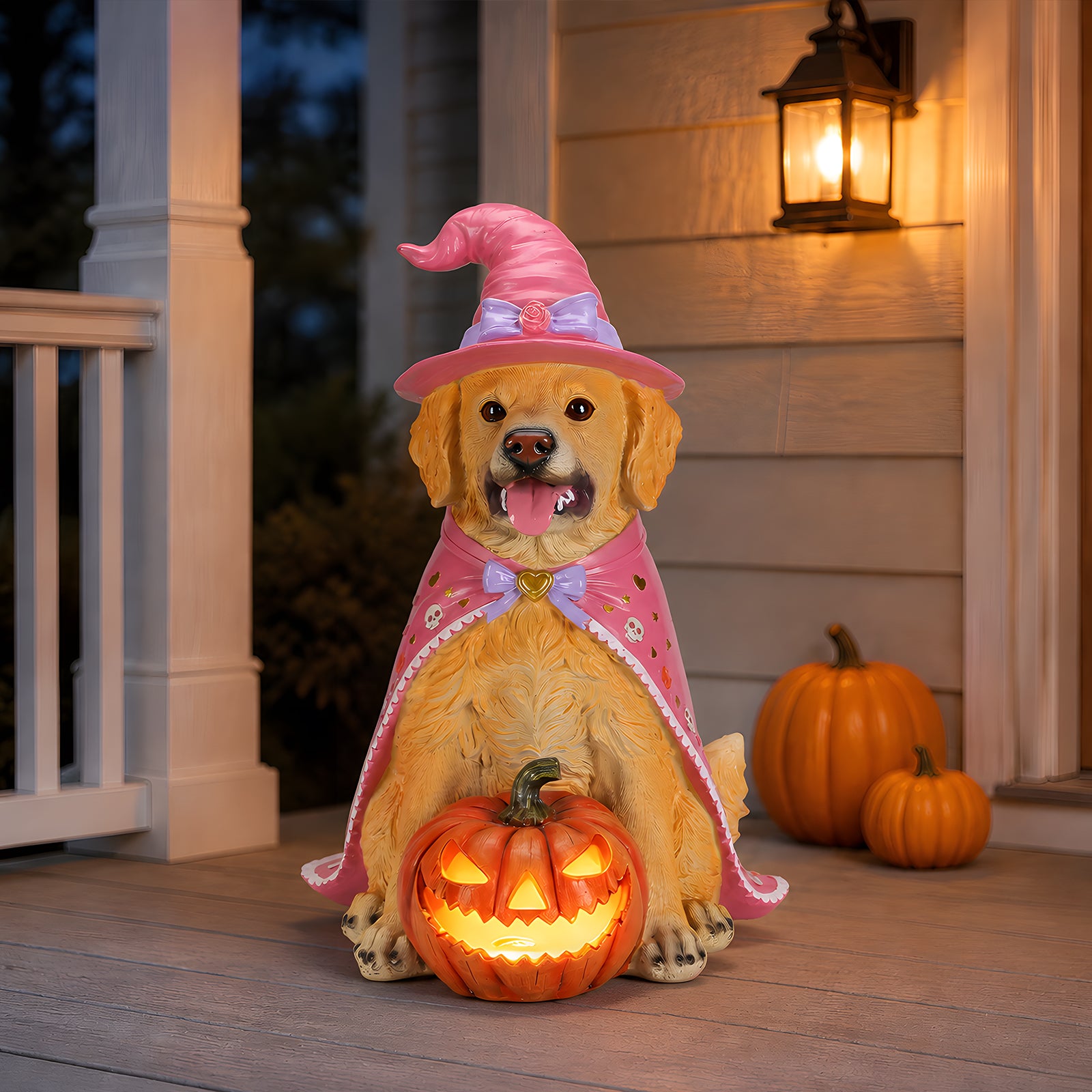 Golden retriever wearing a pink witch hat and cape, sitting over a lit carved pumpkin on a porch at dusk