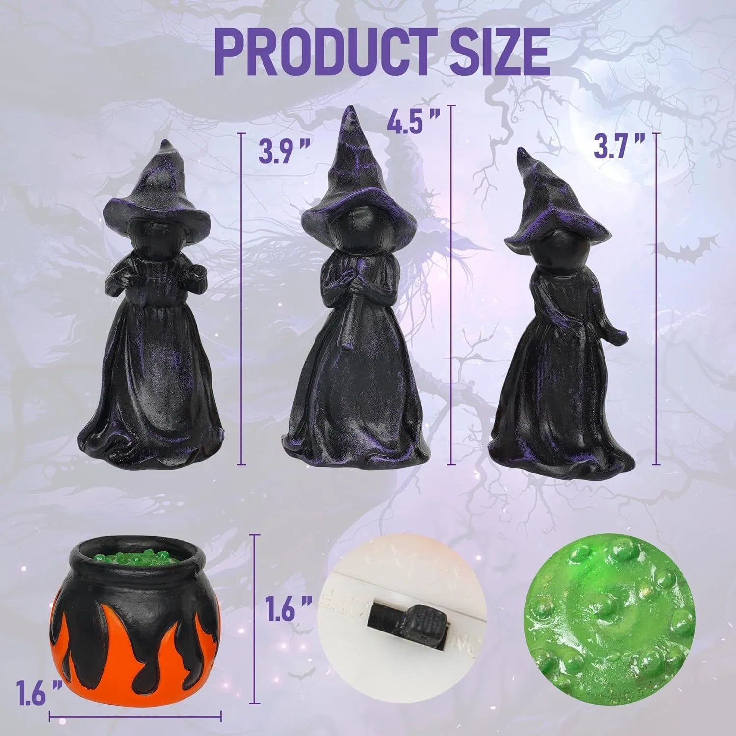 4 piece resin witch and cauldron figurines with built in green LED lights - product photo 4 of 8