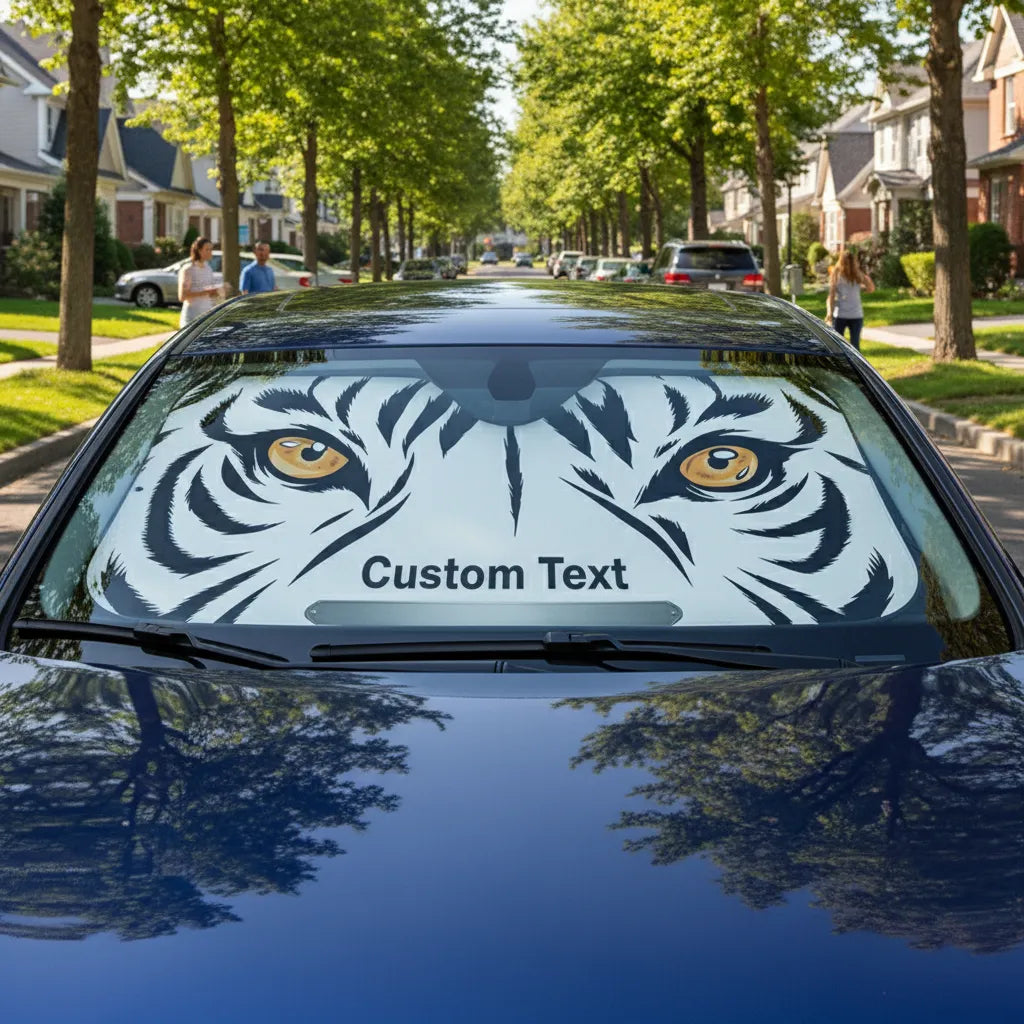 Personalized White Tiger Eyes Artistic Illustration Car Sunshade - Custom Family Name Auto Accessory