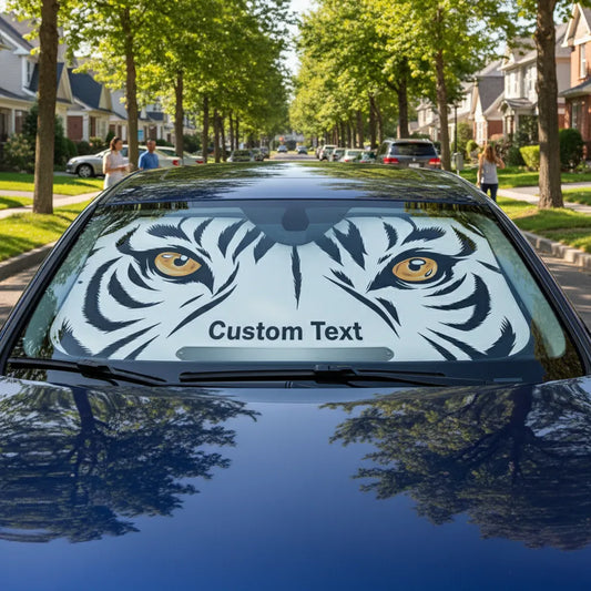 Personalized White Tiger Eyes Artistic Illustration Car Sunshade - Custom Family Name Auto Accessory