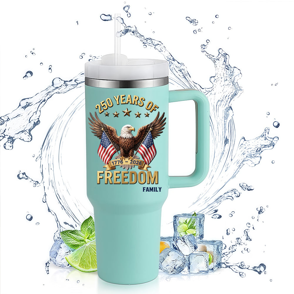 40oz Large Handle Tumbler | 250 Years Of Freedom Bald Eagle Dual American Flag Custom Family Name 1776-2026 Patriotic Stainless Steel Mug