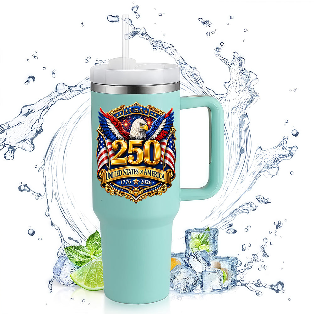40oz Insulated Tumbler | USA 250th Anniversary Bald Eagle Golden Badge 1776-2026 Patriotic Large Capacity Travel Water Cup