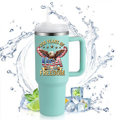 40oz Handle Travel Mug | 250 Years Of Freedom Eagle USA Flag Wings 1776-2026 Independence Day Reusable Stainless Steel Tumbler