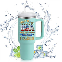 40oz Tumbler With Handle | Happy 250th USA Birthday 1776-2026 Stars Stripes Eagle Freedom Patriotic Gift Cup