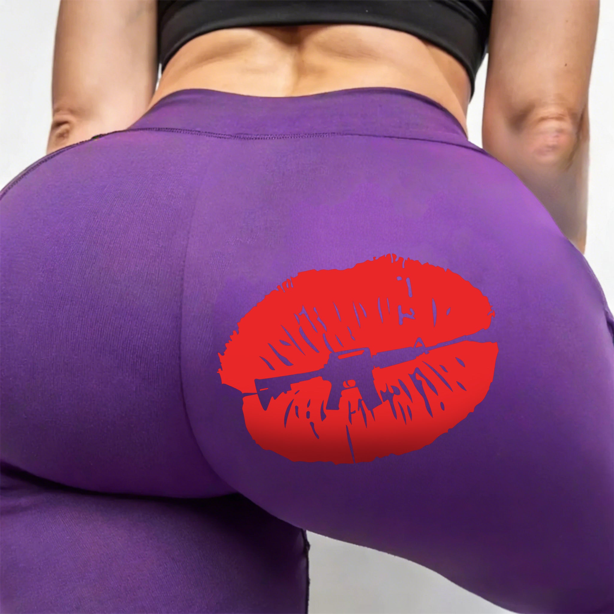 Custom Name Tan Leggings – Personalized High Waist Yoga Pants with Lips & Assault Rifle Graphic for Women