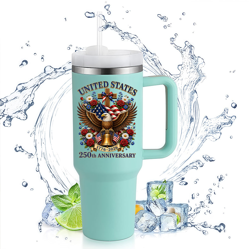 40oz Stainless Steel Tumbler | United States 250th Anniversary Eagle Cross Liberty Bell Floral Vintage Patriotic Christian Travel Mug
