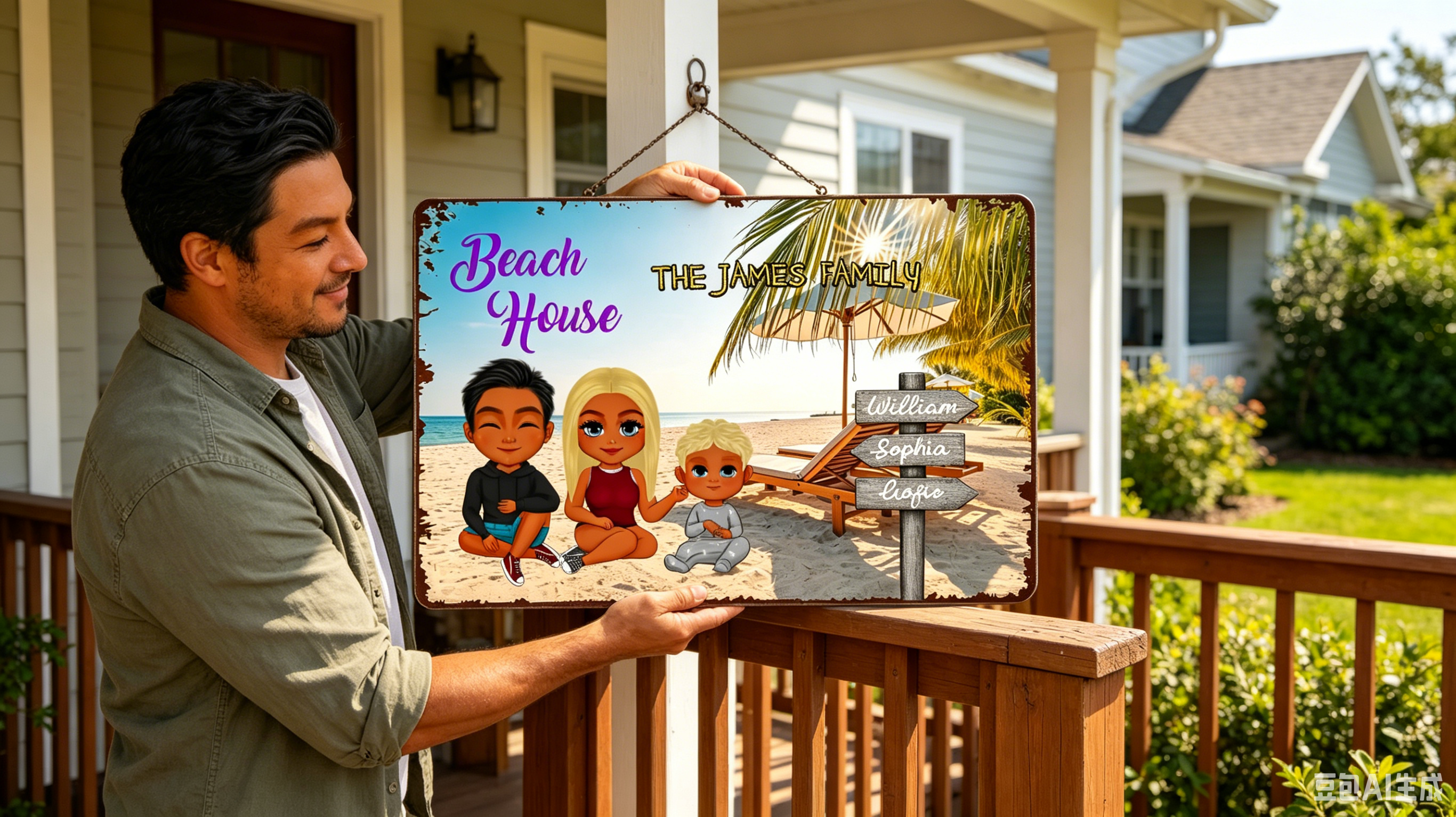 Tropical Sunny Beach Custom Family Name Iron Plaque Custom Cartoon Family Tin Decor