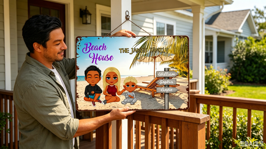 Tropical Sunny Beach Custom Family Name Iron Plaque Custom Cartoon Family Tin Decor