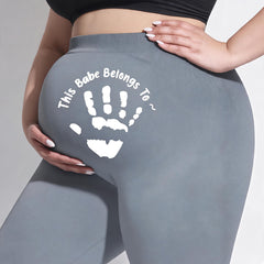 Pregnant woman's pants "This baby belongs to..." - Personalized names and palm prints impressions