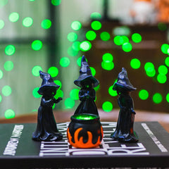 4 piece resin witch and cauldron figurines with built in green LED lights - product photo 3 of 8