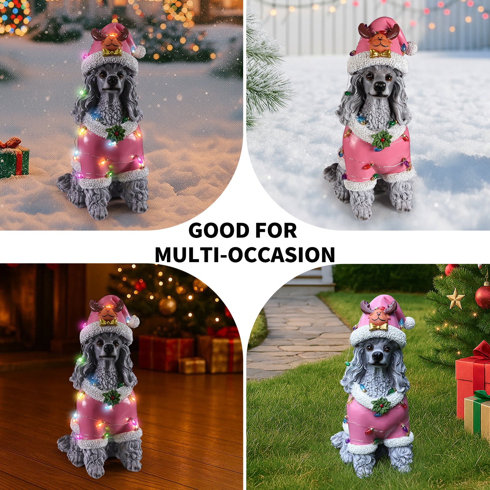 Four photo collage of the Poodle in the pink Santa coat styled in different holiday spots, indoors and out