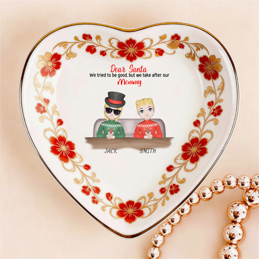 Custom  Photo Ceramic Trinket Tray with Elegant Red Floral Vine Border-Dear Santa