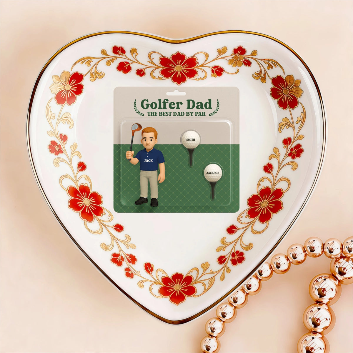 Custom  Photo Ceramic Trinket Tray with Elegant Red Floral Vine Border-Golf Dad