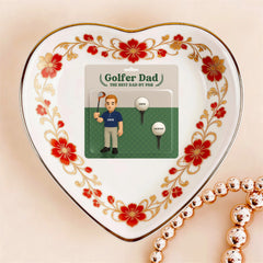Custom  Photo Ceramic Trinket Tray with Elegant Red Floral Vine Border-Golf Dad