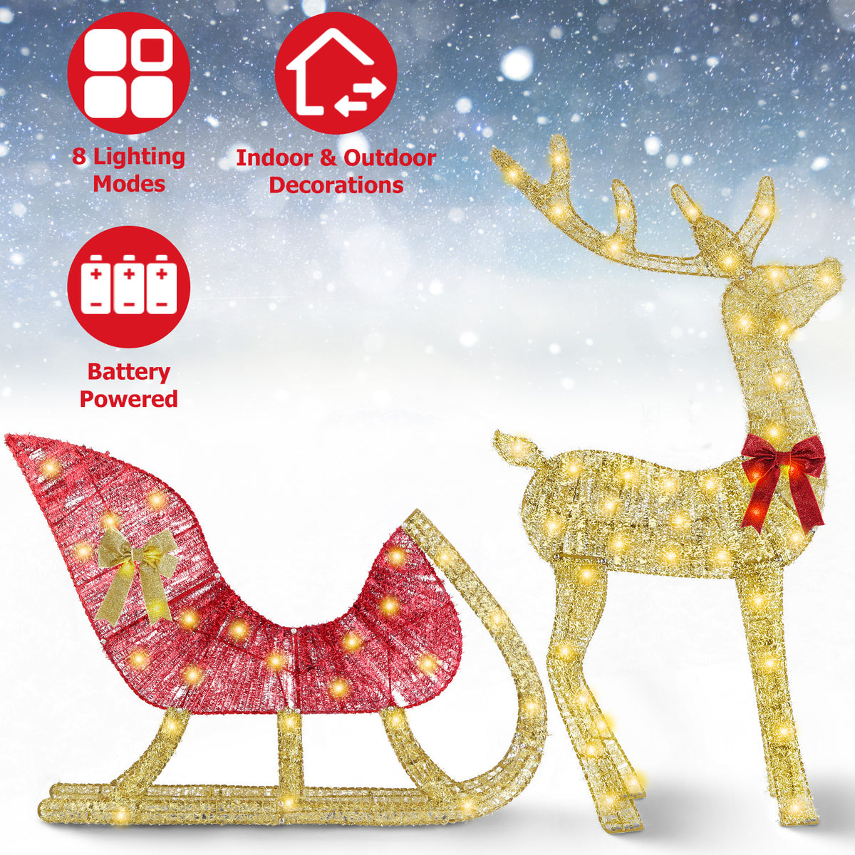 Lighted Christmas Reindeer & Sleigh Indoor Outdoor Christmas Decoratio