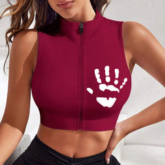Custom Hand Print Front Zip Sleeveless Crop Top, Women Stand Collar Handprint Graphic Workout Tank Top, Customizable Logo Gym Vest