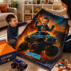 Custom Monster Truck Beach Towel with Photo, Birthday Gift for Kids, Boys, Grandson & Son.