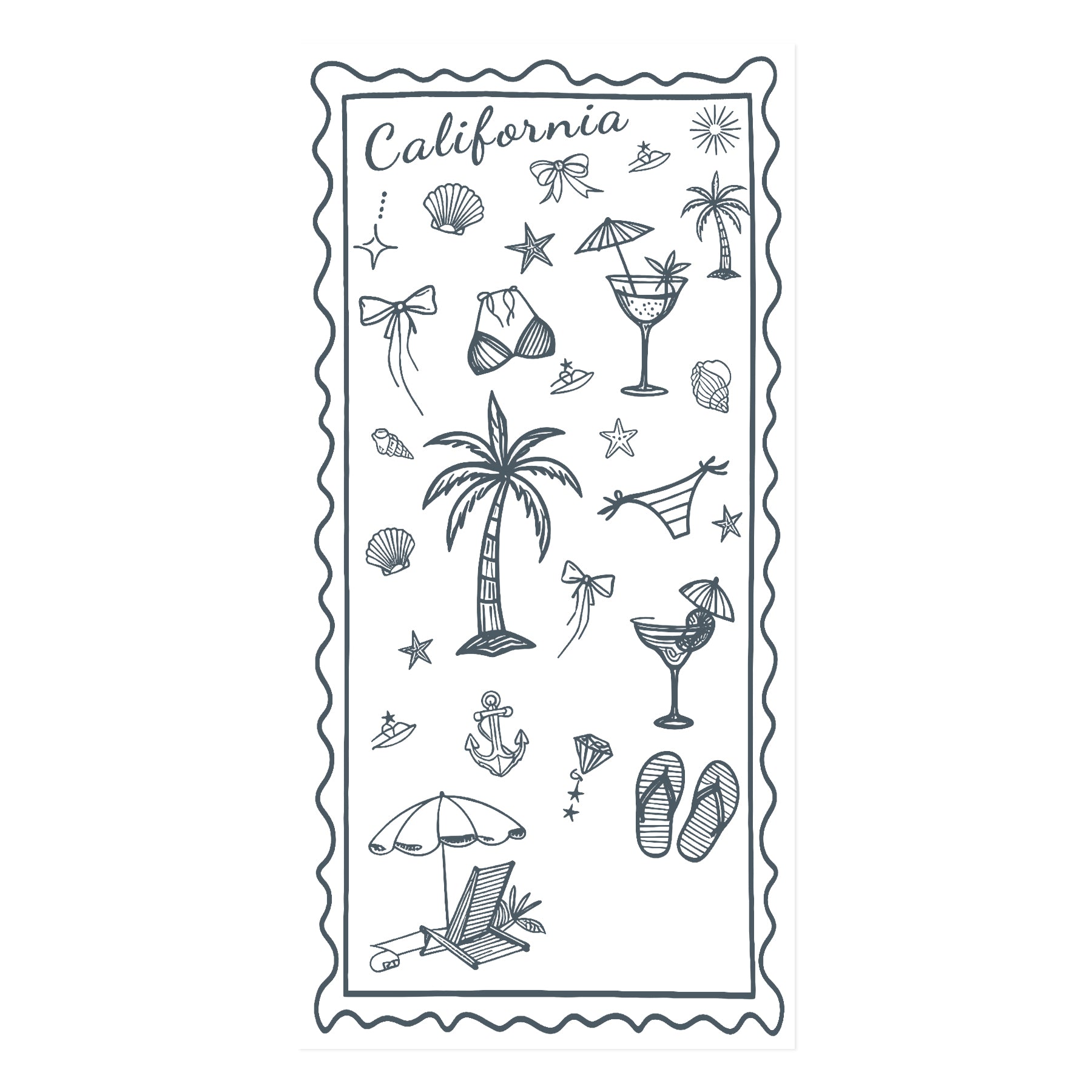 California Coastal Doodle Red & White Beach Towel