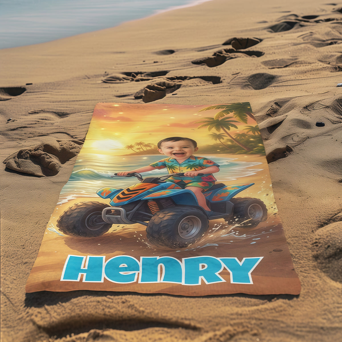 Personalized Kids Beach Towel with Face & Name, Custom Beach Towel for Boys, Summer Gift, ATV racing gift.