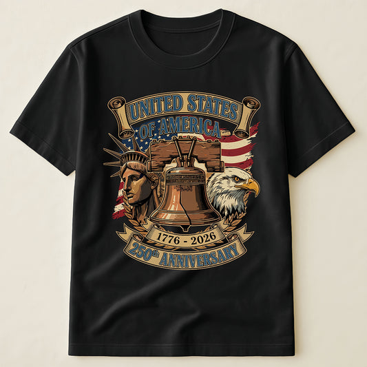 Vintage USA 1776-2026 Patriotic T-Shirt with Statue of Liberty, Liberty Bell and Eagle Design