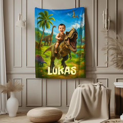 Personalized Dinosaur Blanket with Child’s Photo and Name, Custom Dino Riding Design for Kids.