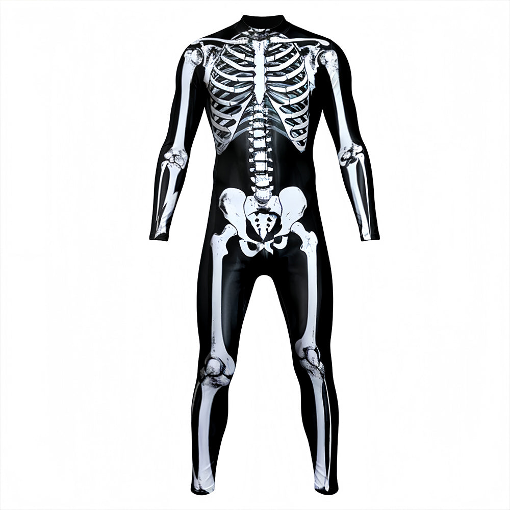 Glow-in-the-dark skeleton bodysuit, Halloween UV fluorescent skeleton cosplay outfit, stretchy long-sleeve leotard, electronic music party costume