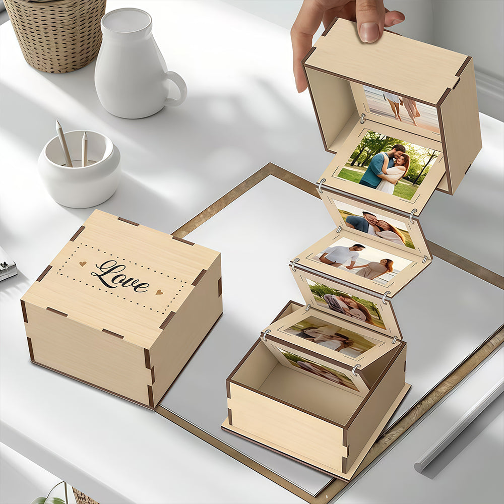 Personalized wooden photo box with waterfall-style flip cover panel - perfect for wedding, anniversary, or couple's photo storage gifts. The interior can hold souvenirs.