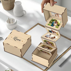 Personalized wooden photo box with waterfall-style flip cover panel - perfect for wedding, anniversary, or couple's photo storage gifts. The interior can hold souvenirs.