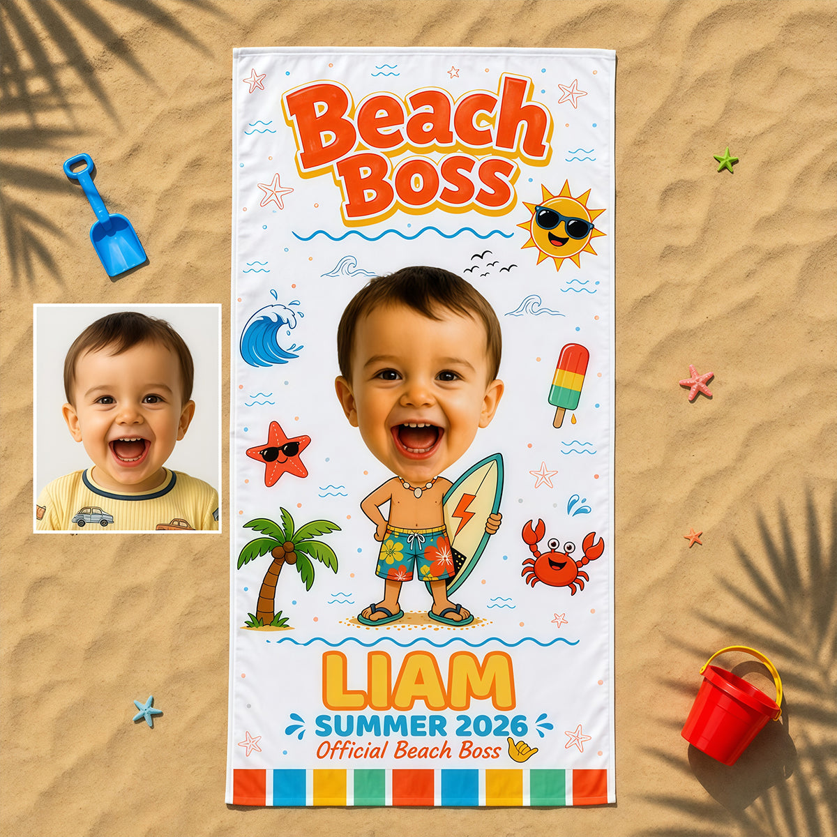 Personalized Beach Towel Kids Custom Face, Toddler Pool Towels, Photo Towel with Name Summer.