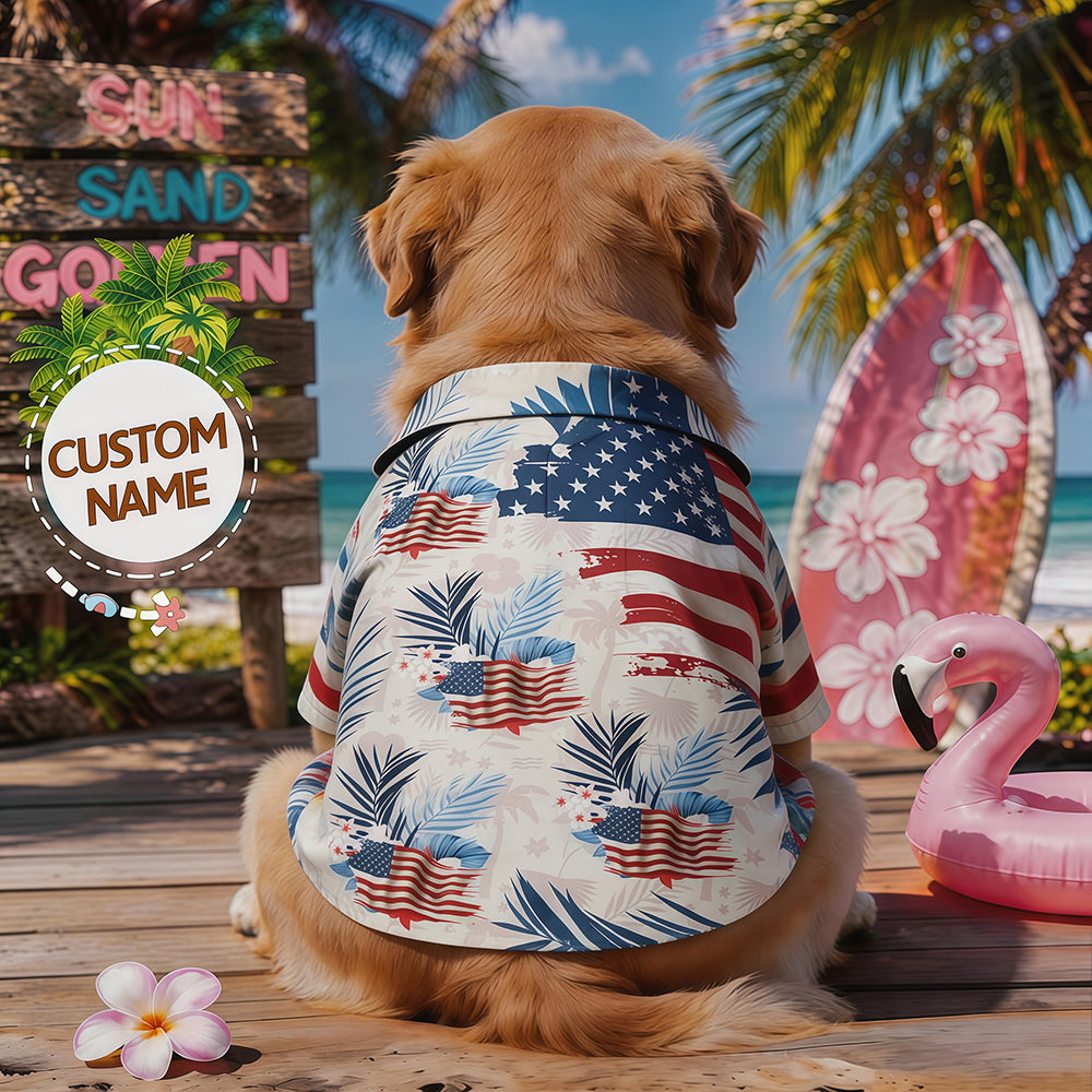 Personalized Custom Name Dog Summer Shirt, Distressed American Flag Palm Leaf Print Patriotic Pet Hawaiian Shirt, 4th of July Dog Gift