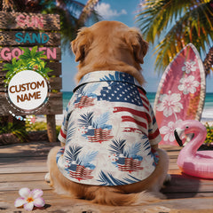 Personalized Custom Name Dog Summer Shirt, Distressed American Flag Palm Leaf Print Patriotic Pet Hawaiian Shirt, 4th of July Dog Gift