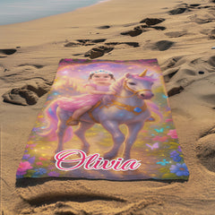 Personalized Unicorn Princess Beach Towel with Child Face & Name, Fantasy Girl Pool Towel Gift.