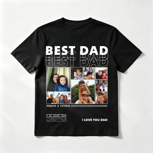 Custom "BEST DAD" Mosaic T-Shirt – Personalized Ultra-Detailed Multi-Photo Collage with 8+ Pictures and Custom Message – Unique DIY Father's Day Gift