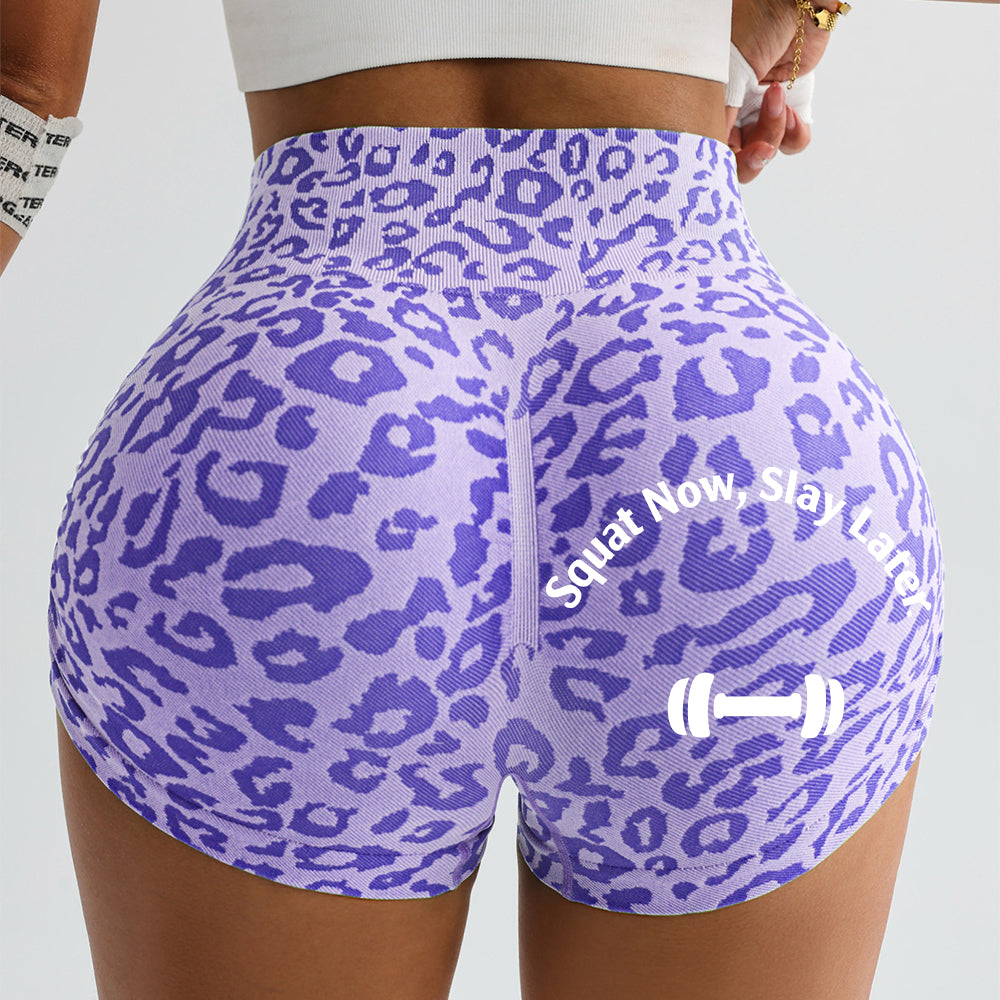 Leopard Print Butt Lifting Workout Shorts, "Squat Now, Slay Later" Seamless High Waist Gym Shorts for Women