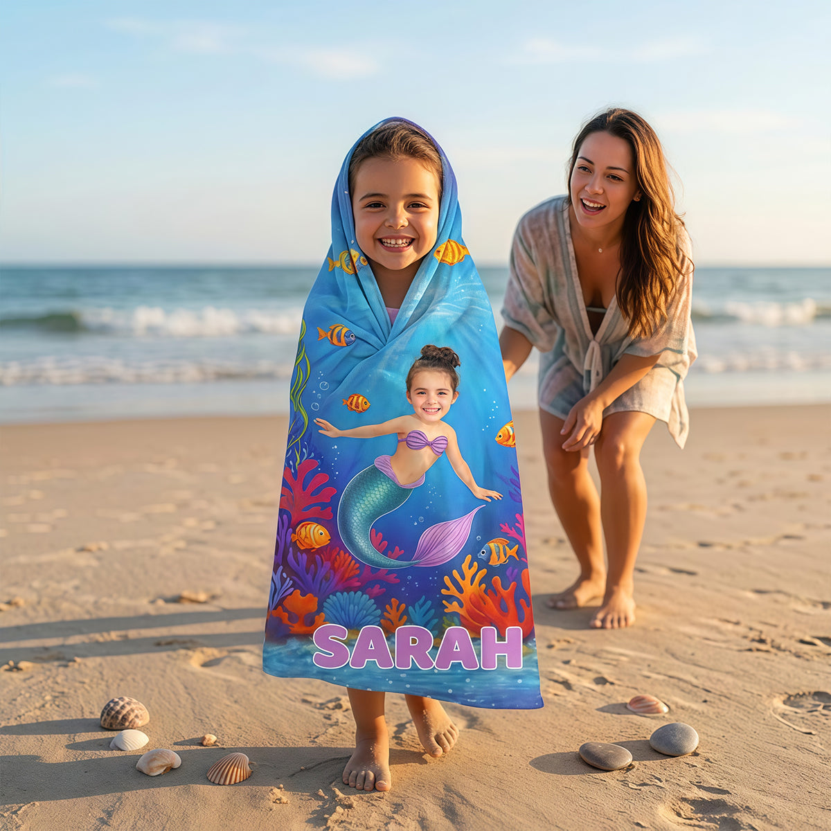 Custom Mermaid Girl Beach Towel with Face & Name,Personalized Daughter Summer Vacation Towel.