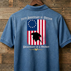 Custom Descendant of a Patriot Polo Shirt, 250th Anniversary of Freedom 1776 Men's Back Print Tee