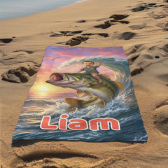 Personalized Fishing Beach Towel with Boys Face & Name, Bass Fish Kid Gift, Kids Towel.