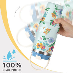 Floral Insulated Water Bottle with Straw Lid & Handle, Stainless Steel Leakproof Tumbler for Iced Drinks, Summer Floral Print
