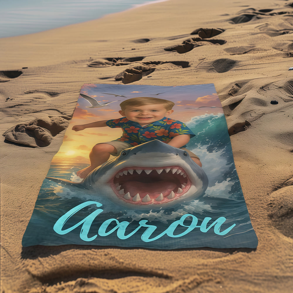 Personalized Shark Beach Towel with Child Face & Name, Funny Summer Kid Gift, Vacation Gift.