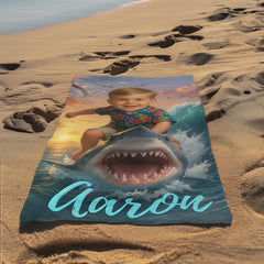 Personalized Shark Beach Towel with Child Face & Name, Funny Summer Kid Gift, Vacation Gift.