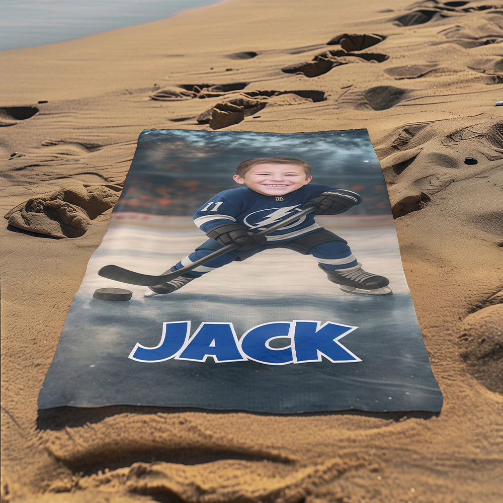 Personalized Hockey Team Beach Towel: Custom Face, Number & Name Pool Towel, Game Day Gift.