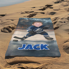 Personalized Hockey Team Beach Towel: Custom Face, Number & Name Pool Towel, Game Day Gift.