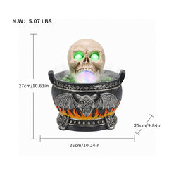 Size diagram of the skull cauldron decoration with its height, width and depth measured in inches and its weight in pounds