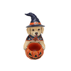 Labrador witch puppy statue on a plain background, from a second angle, showing the bowl set between its paws
