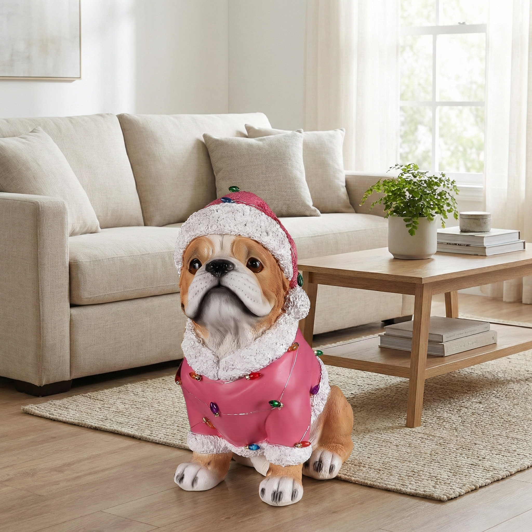 The Pug Christmas statue in the pink Santa coat on a living room rug with a sofa behind