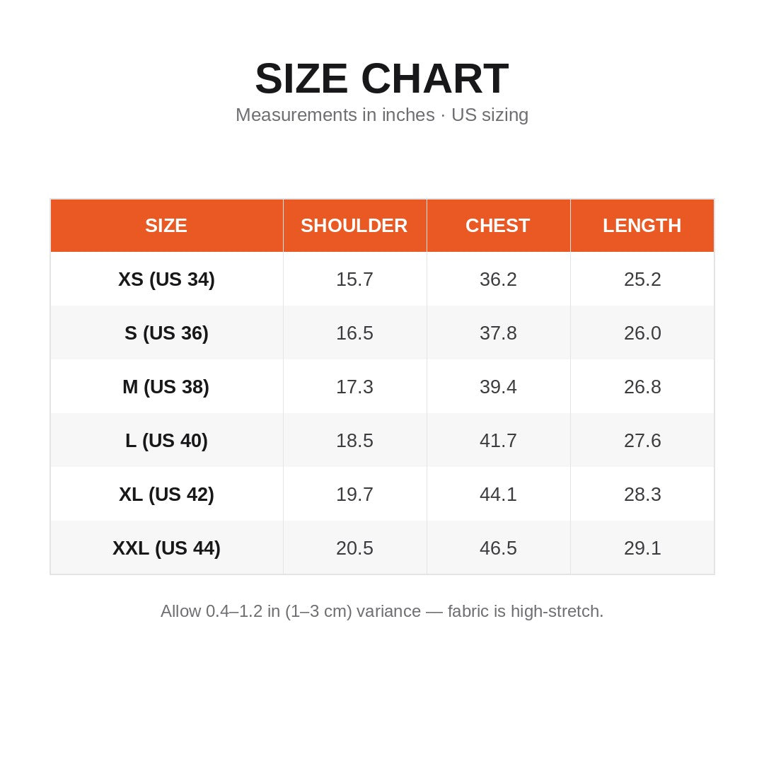 Cheeky tops size chart - S to 2XL measurements