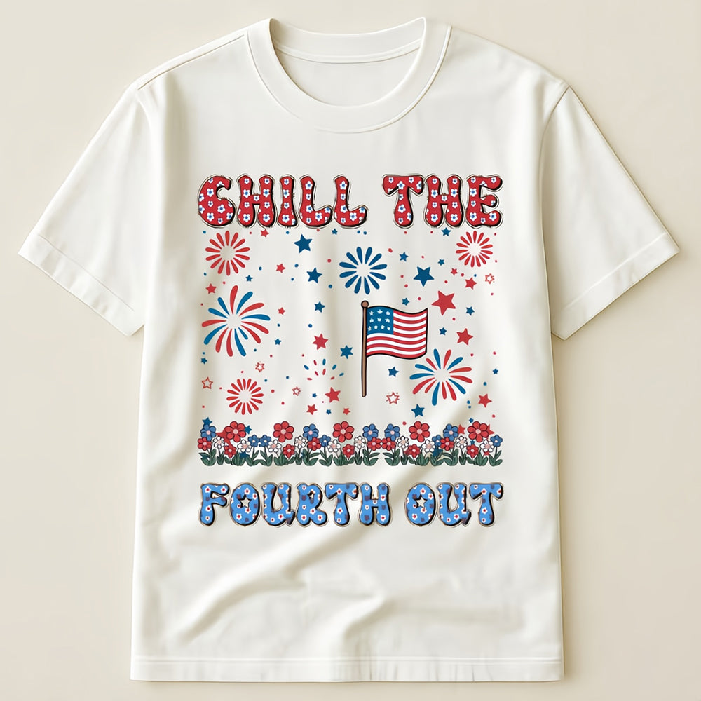 Chill The Fourth Out Floral Retro American Flag Fireworks 4th Of July Groovy T-Shirt