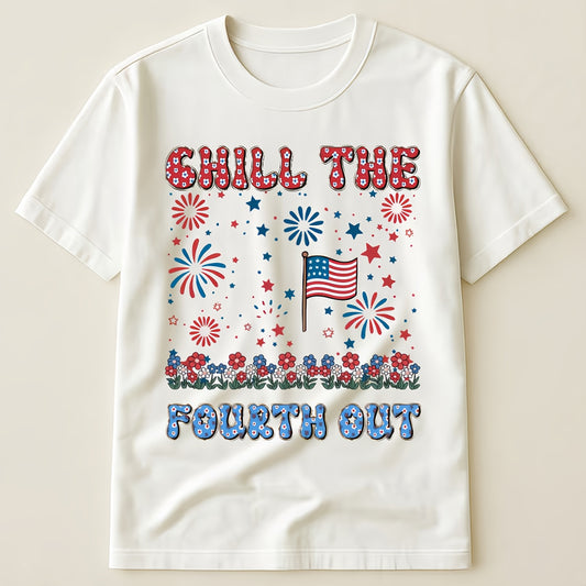 Chill The Fourth Out Floral Retro American Flag Fireworks 4th Of July Groovy T-Shirt